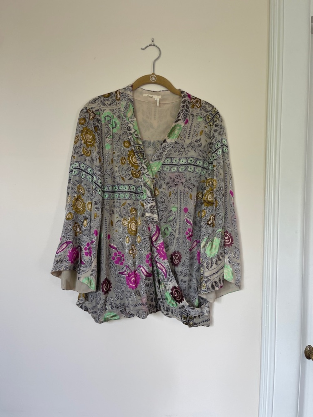 Floreat Gray Wrap Tunic with Pink, Mint & Gold Floral Accents